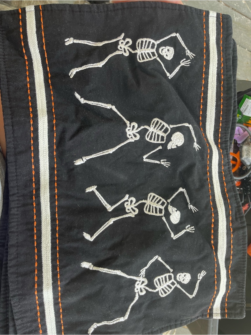 Black Halloween Dancing Skeleton Table Mats with White and Orange Embroidery